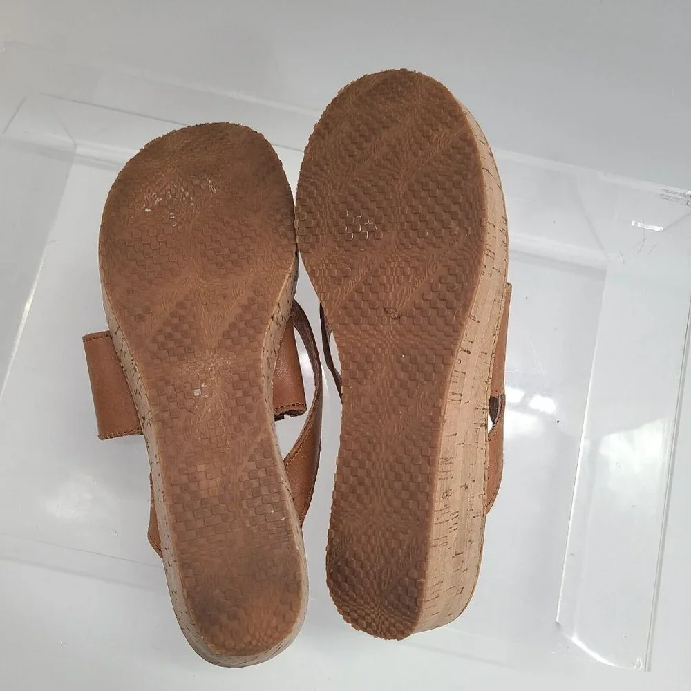 Eddie Bauer Leather Tan Strappy‎ Sandals Cork Wedge Women's US Size 9.5